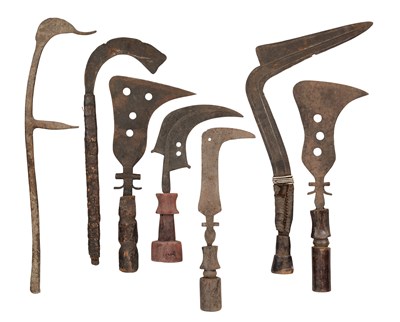 Lot 520 - NINE CONGOLESE TRUMBASH KNIVES OF THE MANGBETU PEOPLE, AND TWELVE AFRICAN THROWING KNIVES OF THE