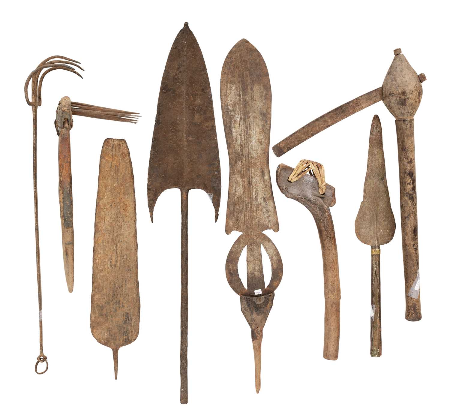 Lot 521 - TWO LARGE CONGOLESE KNIVES, SIX VARIOUS AFRICAN SPEARHEADS, AND SIX OTHER AFRICAN ITEMS