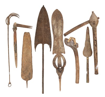 Lot 521 - TWO LARGE CONGOLESE KNIVES, SIX VARIOUS AFRICAN SPEARHEADS, AND SIX OTHER AFRICAN ITEMS