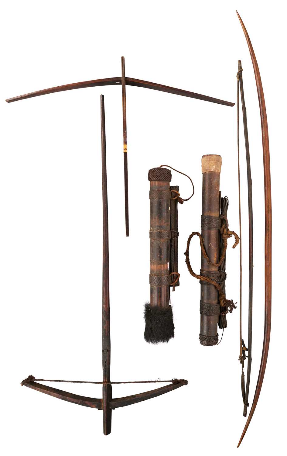 Lot 526 - TWO SOUTH EAST ASIAN CROSSBOWS, TWO BOWS AND TWO QUIVERS, LATE 19TH/EARLY 20TH CENTURY