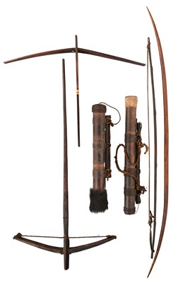Lot 526 - TWO SOUTH EAST ASIAN CROSSBOWS, TWO BOWS AND TWO QUIVERS, LATE 19TH/EARLY 20TH CENTURY