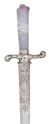 Lot 63 - A FINE GERMAN HUNTING SWORD WITH ENAMELLED SILVER MOUNTS, AUGSBURG, 17TH CENTURY