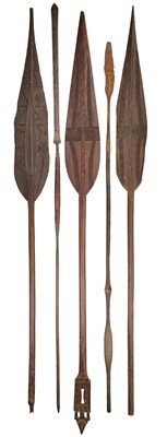 Lot 522 - SIX AFRICAN AND OCEANIC PADDLE SPEARS, AND TEN VARIOUS AFRICAN SPEARS, MOSTLY 20TH CENTURY