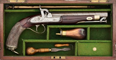 Lot 494 - A CASED PERCUSSION PISTOL OF THE 5TH REGIMENT OF THE PUNJAB CAVALRY, MID-19TH CENTURY