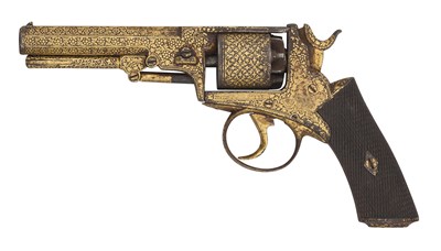 Lot 263 - AN 80 BORE PERCUSSION ‘WEDGE-FRAME’ DOUBLE-ACTION FIVE-SHOT REVOLVER OF WEBLEY TYPE