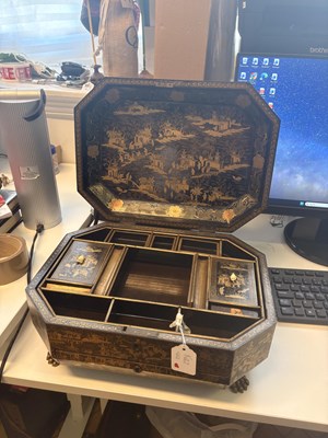 Lot 79 - A CHINESE EXPORT LACQUER GAMES BOX AND HINGED COVER, QING DYNASTY, 19TH CENTURY