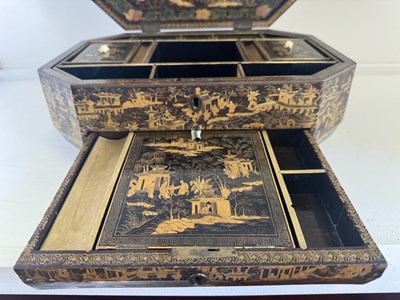 Lot 79 - A CHINESE EXPORT LACQUER GAMES BOX AND HINGED COVER, QING DYNASTY, 19TH CENTURY