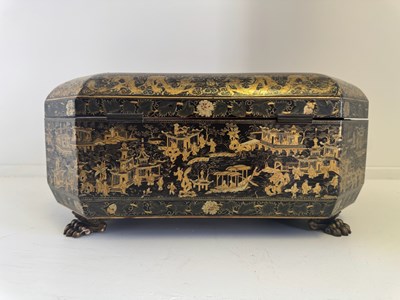 Lot 79 - A CHINESE EXPORT LACQUER GAMES BOX AND HINGED COVER, QING DYNASTY, 19TH CENTURY