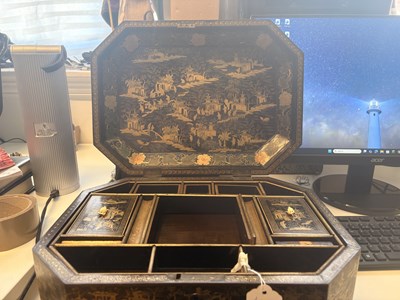 Lot 79 - A CHINESE EXPORT LACQUER GAMES BOX AND HINGED COVER, QING DYNASTY, 19TH CENTURY