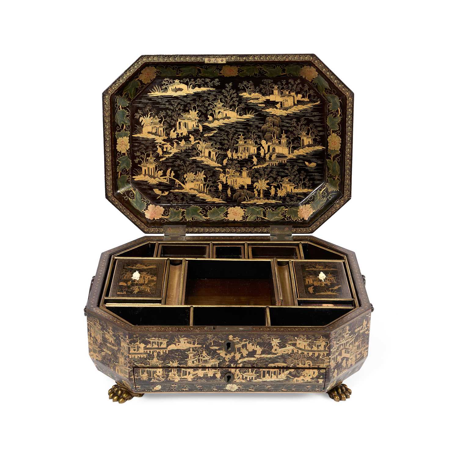 Lot 79 - A CHINESE EXPORT LACQUER GAMES BOX AND HINGED COVER, QING DYNASTY, 19TH CENTURY