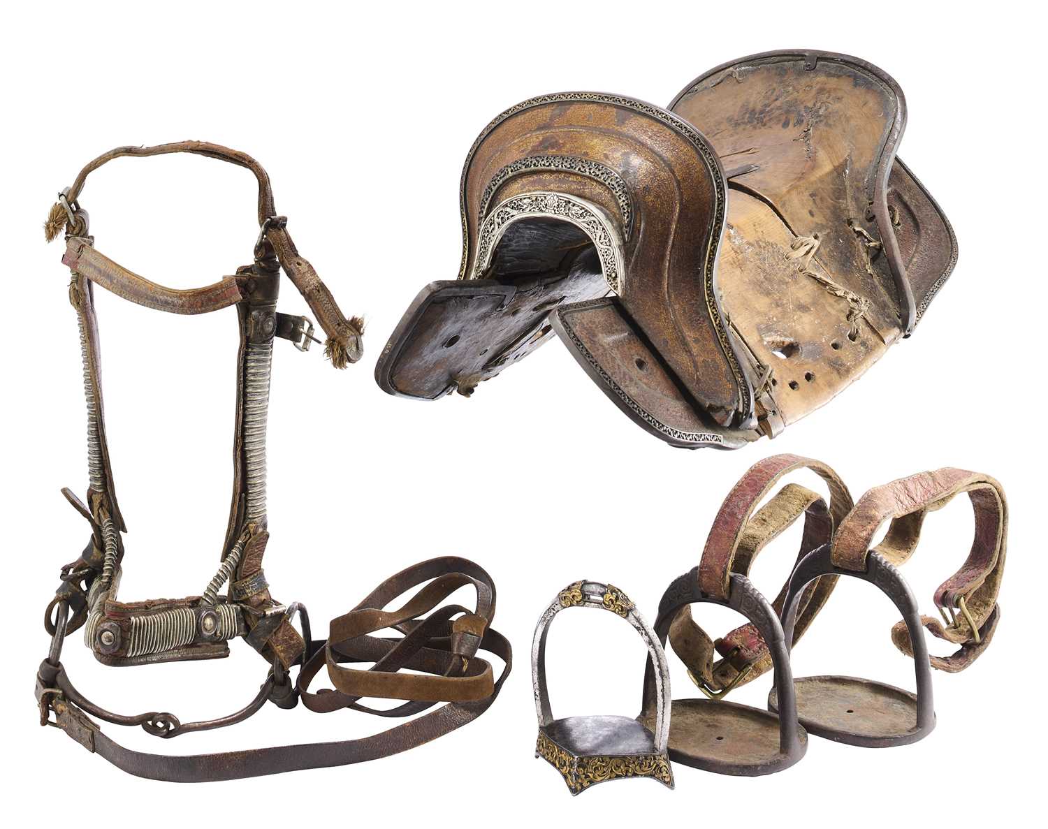 Lot 2 - A TIBETAN SADDLE, BRIDLE, AND A PAIR OF STIRRUPS, 18TH/19TH CENTURY OR EARLIER