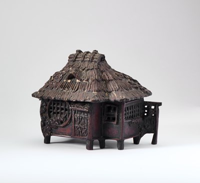 Lot 143 - A JAPANESE BRONZE KORO AND COVER IN THE FORM OF A KUZUYA (TEA HOUSE), LATE MEIJI PERIOD, CIRCA 1900