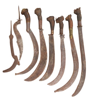 Lot 512 - SIX INDIAN (MALIBAR COAST) SICKLES, AND TWO SOUTH INDIAN CHOPPERS, 19TH CENTURY