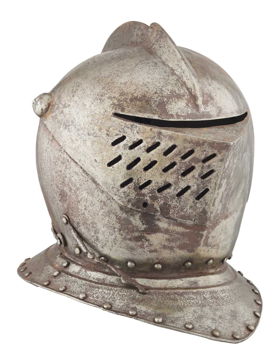 Lot 553 - A CLOSE-HELMET IN LATE 16TH/EARLY 17TH CENTURY STYLE, 19TH CENTURY