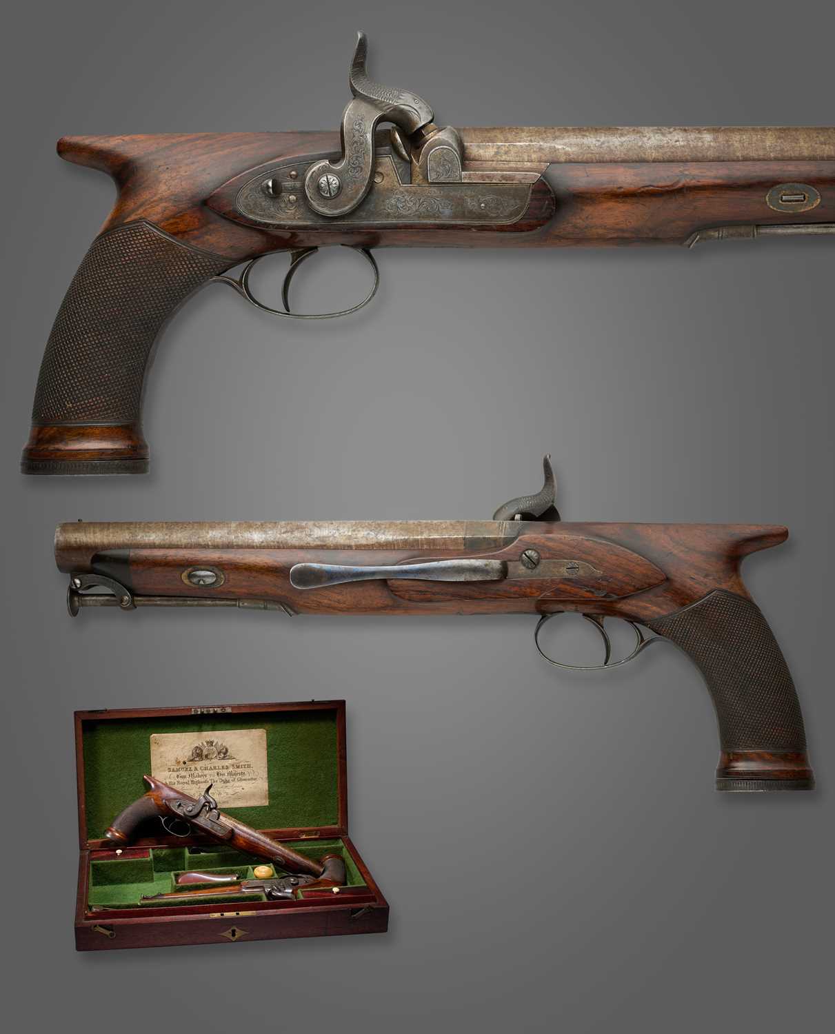 Lot 40 - A CASED PAIR OF PERCUSSION SAW-HANDLED OFFICER’S BELT PISTOLS OF MUSKET BORE BY S. & C. SMITH