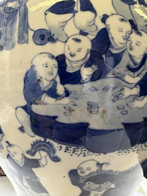 Lot 11 - A LARGE PAIR OF CHINESE BLUE AND WHITE 'HUNDRED BOYS' VASES AND COVERS, QING DYNASTY, 18TH CENTURY