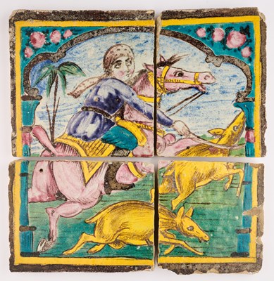 Lot 98 - A SMALL QAJAR TILE PANEL DEPICTING A HUNTING SCENE, SHIRAZ, PERSIA, LATE 19TH CENTURY