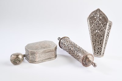 Lot 32 - THREE SILVER OBJECTS, MALAYSIA OR INDONESIA, 19TH CENTURY
