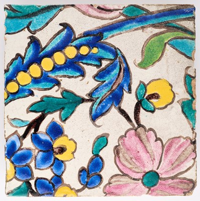 Lot 103 - A QAJAR CUERDA SECA TILE, SHIRAZ, PERSIA, 19TH CENTURY