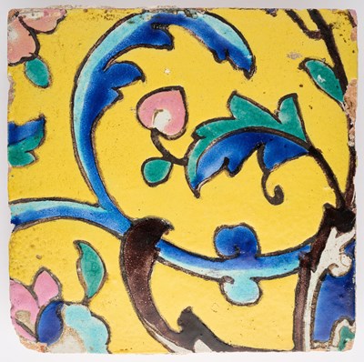 Lot 108 - A QAJAR CUERDA SECA TILE, PROBABLY SHIRAZ, PERSIA, 19TH CENTURY