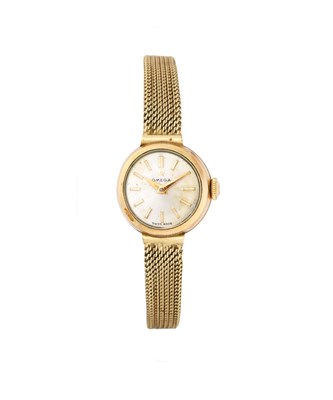 Lot 330 - OMEGA: LADY'S GILT-METAL WATCH ON GOLD BRACELET, CIRCA 1960