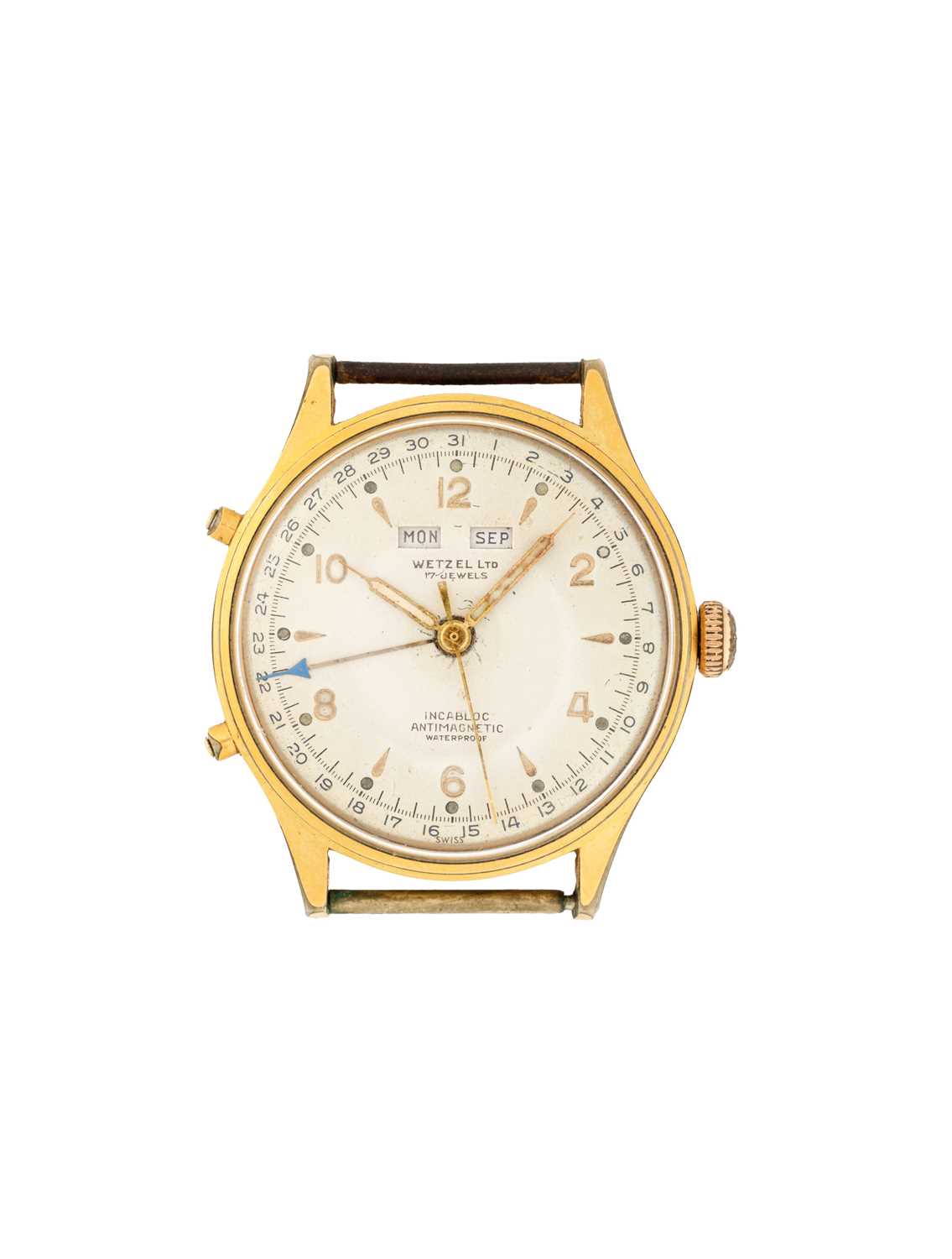 Lot 307 - 'WETZELL LTD.', TRIPLE CALENDAR: GENTLEMAN'S GILT-METAL WRISTWATCH, SWISS, CIRCA 1960