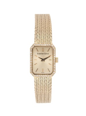 Lot 338 - BUECHE GIROD: LADY'S GOLD AND DIAMOND BRACELET WATCH, CIRCA 1987