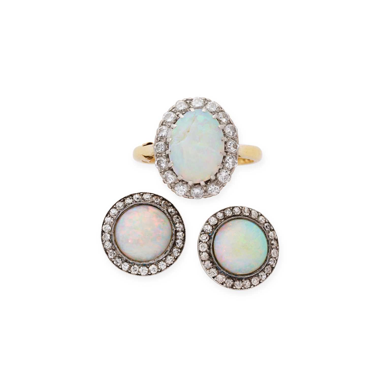 Lot 355 - PAIR OF OPAL AND DIAMOND EAR STUDS AND A RING