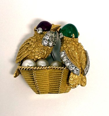 Lot 500 - CARTIER: RUBY, EMERALD, PEARL AND DIAMOND BROOCH, 1960s