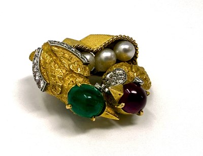 Lot 500 - CARTIER: RUBY, EMERALD, PEARL AND DIAMOND BROOCH, 1960s