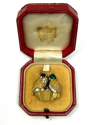 Lot 500 - CARTIER: RUBY, EMERALD, PEARL AND DIAMOND BROOCH, 1960s