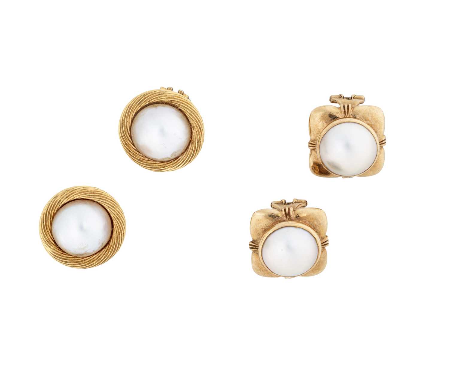 Lot 358 - TWO PAIRS OF GOLD AND MABE PEARL EAR CLIPS
