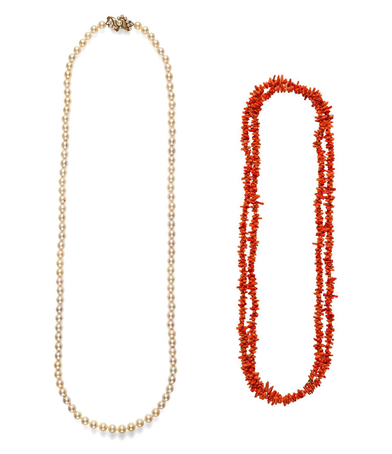 Lot 343 - CULTURED PEARL NECKLACE, CORAL NECKLACE AND A COCKTAIL RING