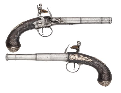 Lot 252 - A PAIR OF 28 BORE FLINTLOCK TURN-OFF PISTOLS BY WM. HENSHAW, STRAND, LONDON, CIRCA 1765