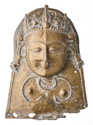 Lot 122 - A BRASS SIVA MASK (MOHRA), HIMACHAL PRADESH, 15TH CENTURY OR LATER