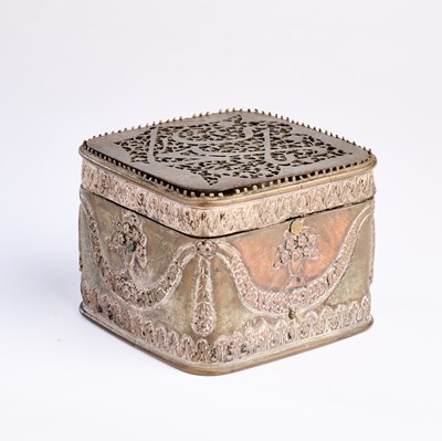 Lot 88 - A QAJAR METAL BOX SET WITH A SAFAVID STEEL PLAQUE, PERSIA, 17TH CENTURY AND LATER