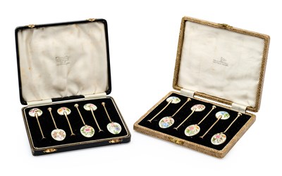Lot 707 - A SET OF TWELVE SILVER-GILT AND ENAMEL COFFEE SPOONS, WALKER & HALL LTD., BIRMINGHAM, 1955/56