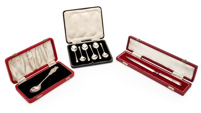 Lot 708 - CASED SILVER: SIX COFFEE SPOONS, A COMMEMORATIVE SPOON AND A LETTER OPENER