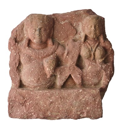 Lot 138 - A KUSHAN MOTTLED PINK SANDSTONE RELIEF FRAGMENT, MATHURA, 2ND/3RD CENTURY A.D.