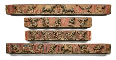 Lot 140 - FOUR CARVED AND PAINTED WOOD ARCHITECTURAL FRIEZES, GUJARAT, WESTERN INDIA, 16TH/17TH CENTURY