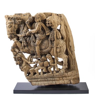 Lot 143 - A CARVED WOOD PANEL FROM A PROCESSIONAL CHARIOT (RATHA), TAMIL NADU, SOUTH INDIA, 18TH/19TH CENTURY