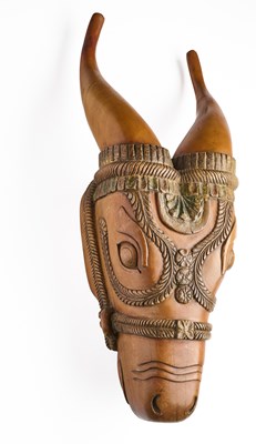 Lot 223 - A CARVED WOOD BUFFALO HEAD, KERALA, SOUTHERN INDIA, 20TH CENTURY