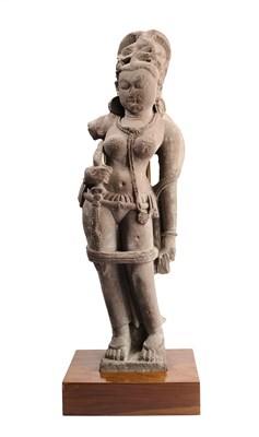 Lot 142 - A PINK SANDSTONE FEMALE FIGURE, CENTRAL INDIA, CIRCA 10TH CENTURY
