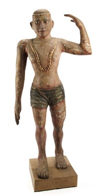 Lot 145 - A PAINTED WOOD FIGURE, PROBABLY OF A PALANQUIN BEARER, SOUTHERN INDIA, 19TH CENTURY