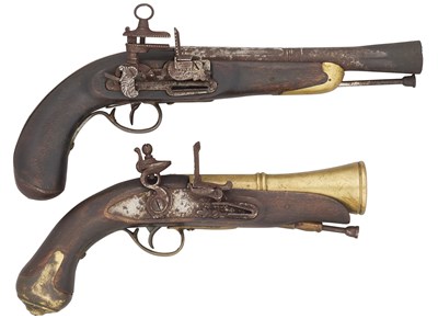 Lot 627 - A SPANISH MIQUELET-LOCK BLUNDERBUSS BELT PISTOL, AND A SPANISH FLINTLOCK BLUNDERBUSS-PISTOL