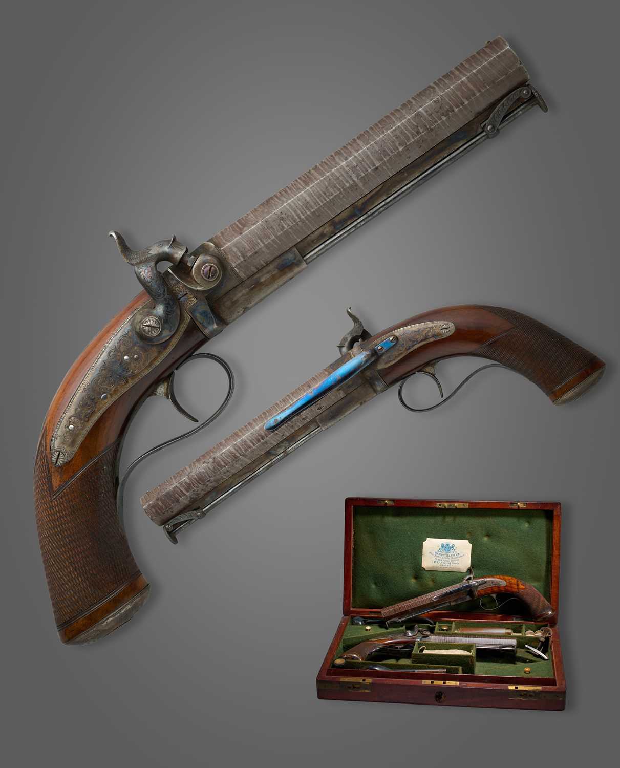 Lot 39 - A FINE CASED PAIR OF PERCUSSION TRAVELLING BELT PISTOLS OF CARBINE BORE BY H. TATHAM
