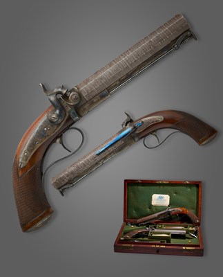 Lot 39 - A FINE CASED PAIR OF PERCUSSION TRAVELLING BELT PISTOLS OF CARBINE BORE BY H. TATHAM