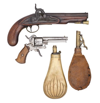 Lot 632 - AN 18 BORE PERCUSSION PISTOL, AND A PIN-FIRE POCKET REVOLVER OF SMALL BORE, BOTH 19TH CENTURY
