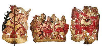 Lot 165 - THREE SHADOW PUPPETS, DECCAN, SOUTHERN INDIA, 19TH CENTURY