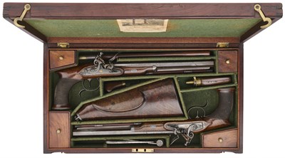 Lot 254 - A RARE CASED PAIR OF 20 BORE FLINTLOCK SAW-HANDLED OFFICER’S PISTOLS WITH SHOULDER-STOCK BY